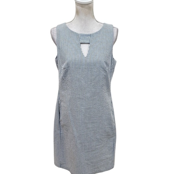 Anne klein striped seersucker blue white sleeveless dress keyhole size 10 - Picture 1 of 11